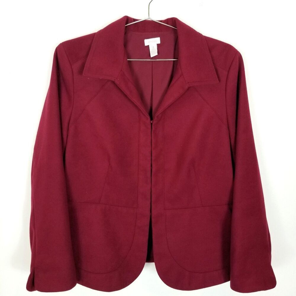 Chico's Women Fleece Blazer Jacket Hook Closure Size XL Maroon Preppy
